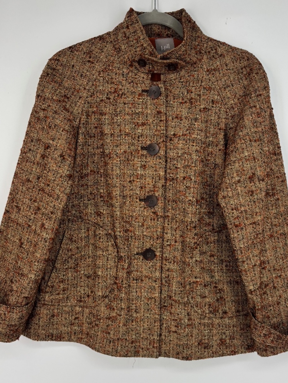 J. Jill Womens Small Button Front Swing Jacket Beige Rust Brown Tweed Pockets